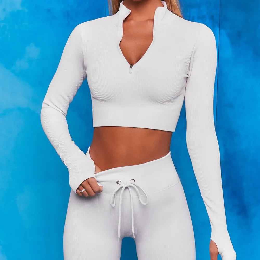 Women's Seamless Ribbed Yoga Set - Chest Zipper Long Sleeve Drawstring Pants Running Fitness Outfit