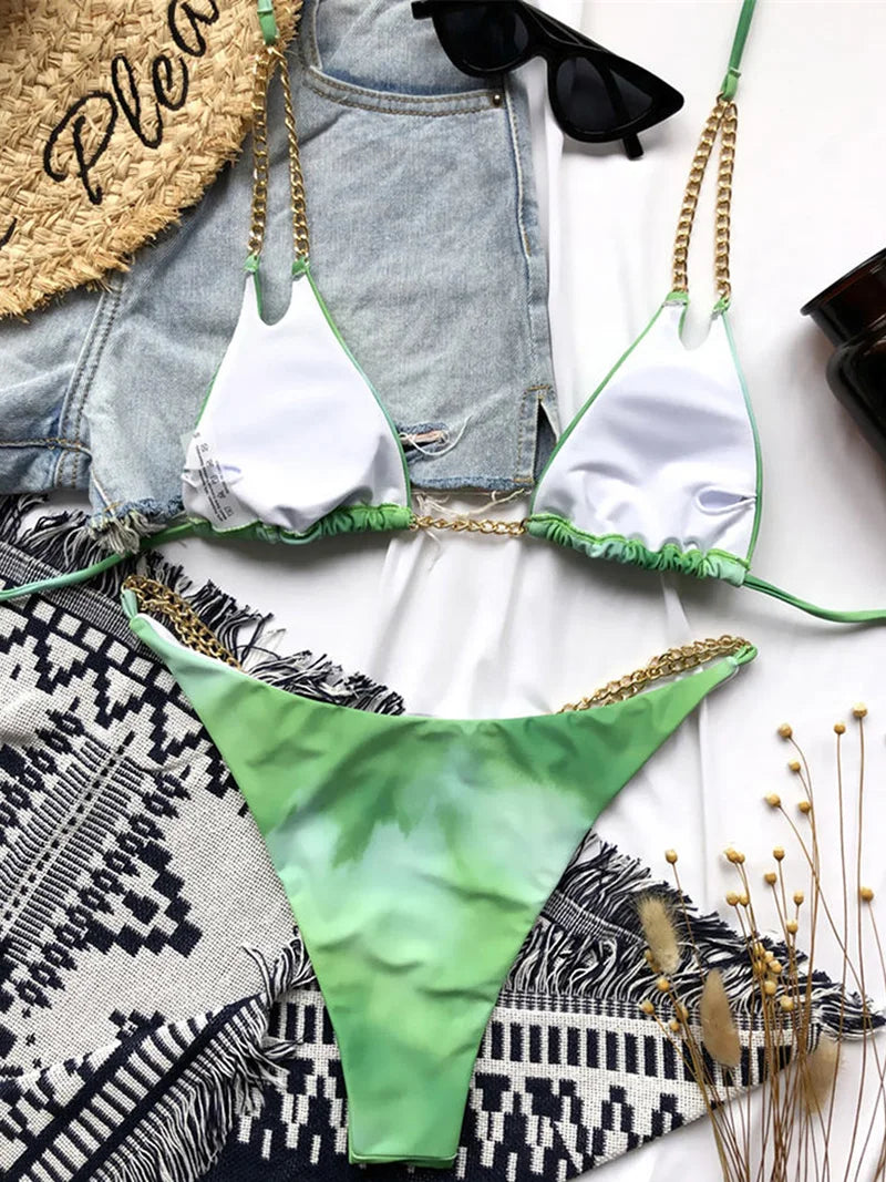 Sexy Halter Metal Chains Brazilian Bikini 2025 Women Swimsuit Female Swimwear Two Pieces Bikini Set Bathing Suit Swim Beach Wear