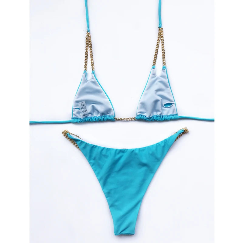 Sexy Halter Metal Chains Brazilian Bikini 2025 Women Swimsuit Female Swimwear Two Pieces Bikini Set Bathing Suit Swim Beach Wear