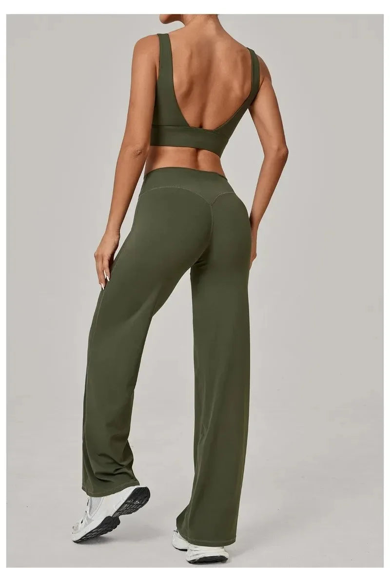 New Women Yoga Set Double Strap Bra Straight Leg Pants Quick Dry Gym Fitness Workout Clothes Outdoor Running Sports Set