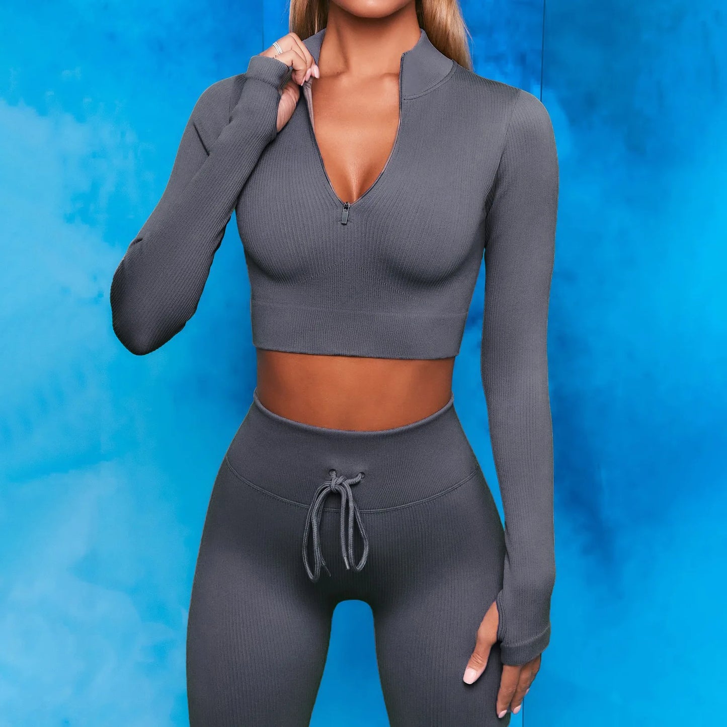 Women's Seamless Ribbed Yoga Set - Chest Zipper Long Sleeve Drawstring Pants Running Fitness Outfit