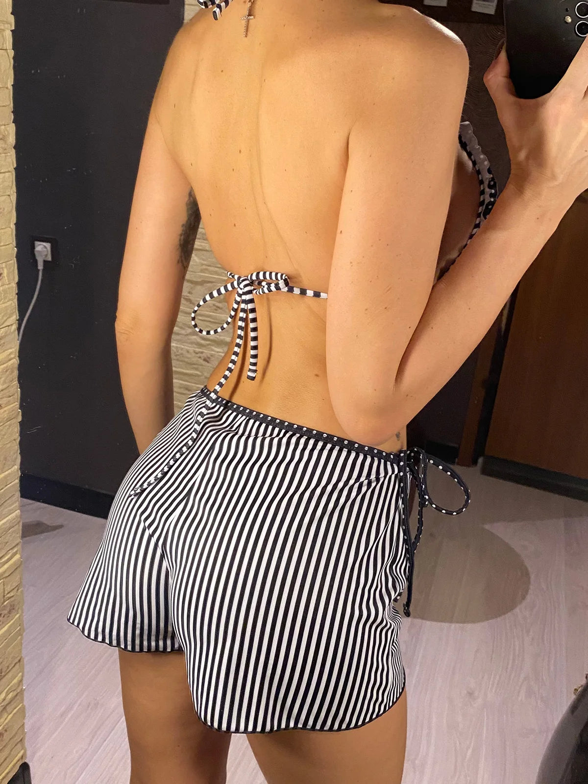 New Striped Polka Dot Halter Shorts Bikini Female Swimsuit Women Swimwear Three-pieces Bikini set Bather Bathing Suit Swim V6384