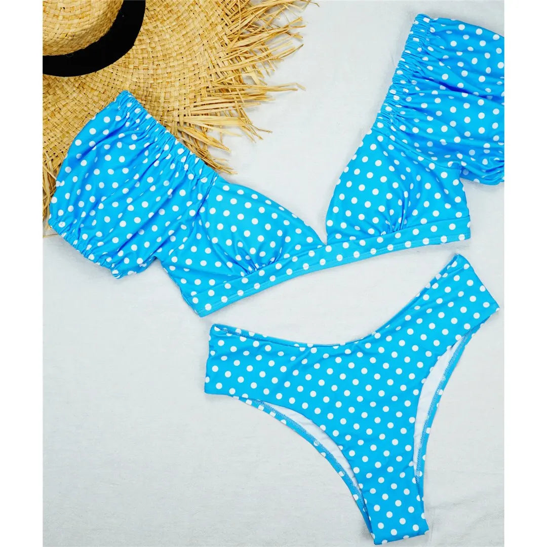 NEW Sexy Polka Dots V Neck Mid Waist Bikini Female Swimsuit Women Swimwear Two-pieces Bikini set Bather Bathing Suit Swim V1909