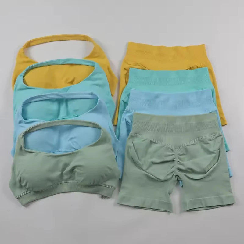 Sports Shorts Set 2 Pieces Seamless Yoga Set Workout Tracksuit Halter Yoga Top And Sports Short Suit