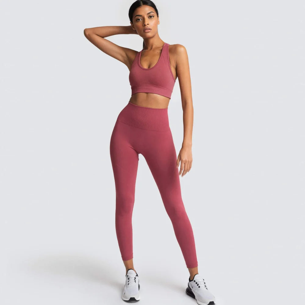 Women's Seamless Yoga Set Fitness Crop Top & Tummy Control High Waist Leggings with Built-in Bra Workout