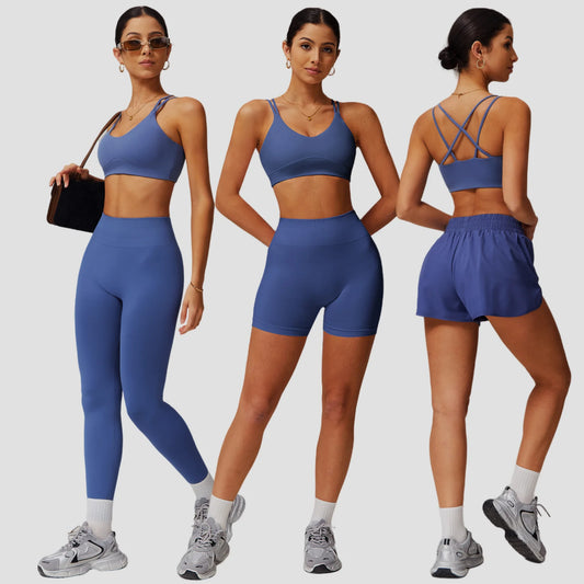 Naked Feeling Yoga Set Women Gym Workout Clothes Padded Sports Bra Outdoor Fitness Running Shorts High Waist Hip Lift Yoga Pants