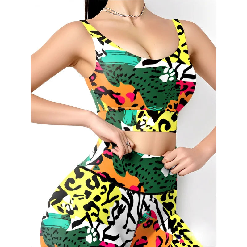 LEOSOXS Digital Printing 2piece Yoga Set Running Sports Gym Cycling Workout Comfortable