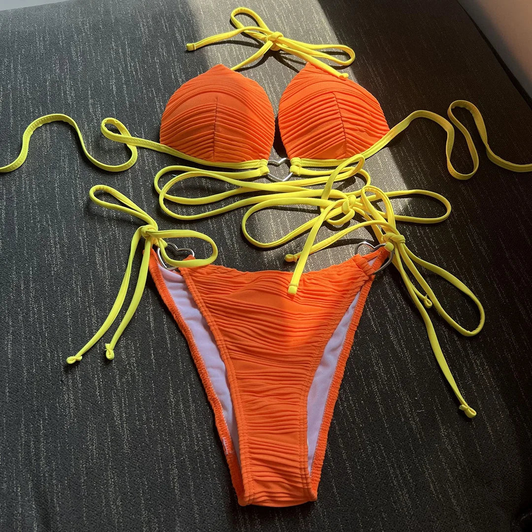 New Wrap Around Halter Wrinkled Bikini Women Swimwear Female Swimsuit Two-pieces Bikini set Bather Bathing Suit Swim Lady V4081