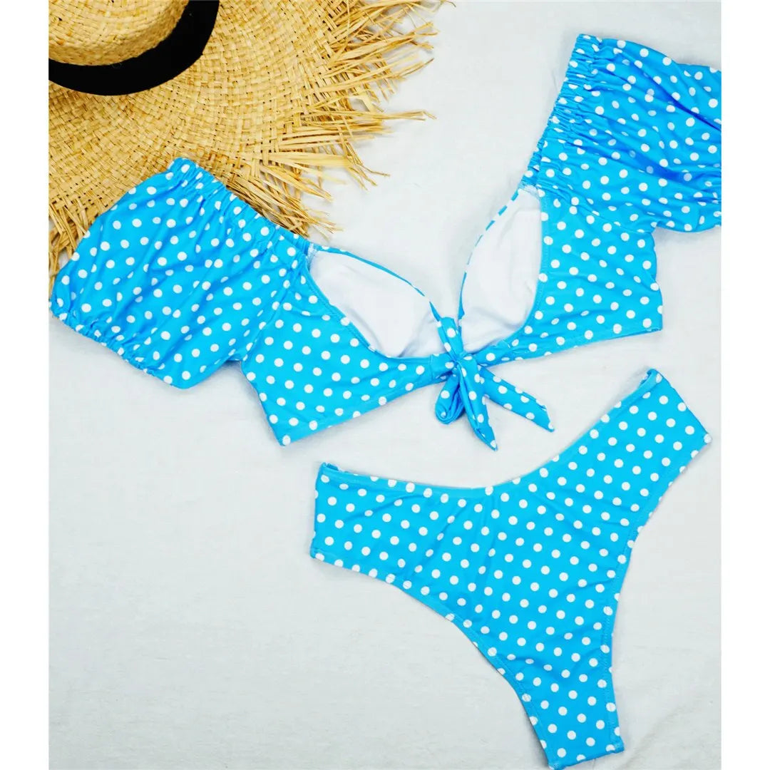 NEW Sexy Polka Dots V Neck Mid Waist Bikini Female Swimsuit Women Swimwear Two-pieces Bikini set Bather Bathing Suit Swim V1909
