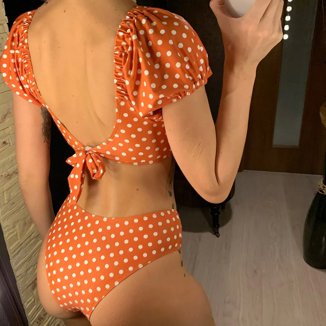 NEW Sexy Polka Dots V Neck Mid Waist Bikini Female Swimsuit Women Swimwear Two-pieces Bikini set Bather Bathing Suit Swim V1909