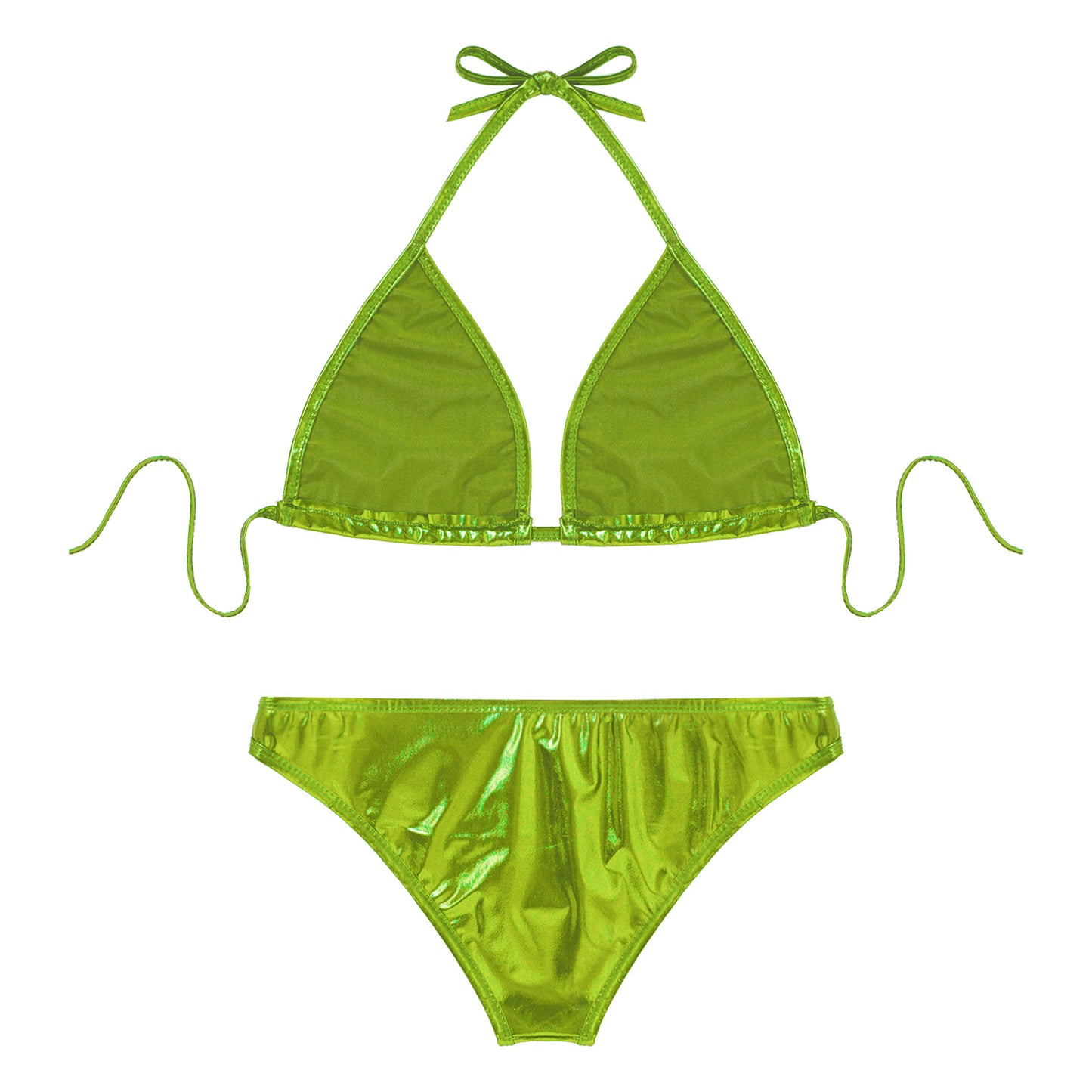 Womens Metallic Shiny Bikini Swimwear Pool Party Swimming Bathing Suit Halter Lace-up Bra with O Ring Briefs Bikini Swimsuit