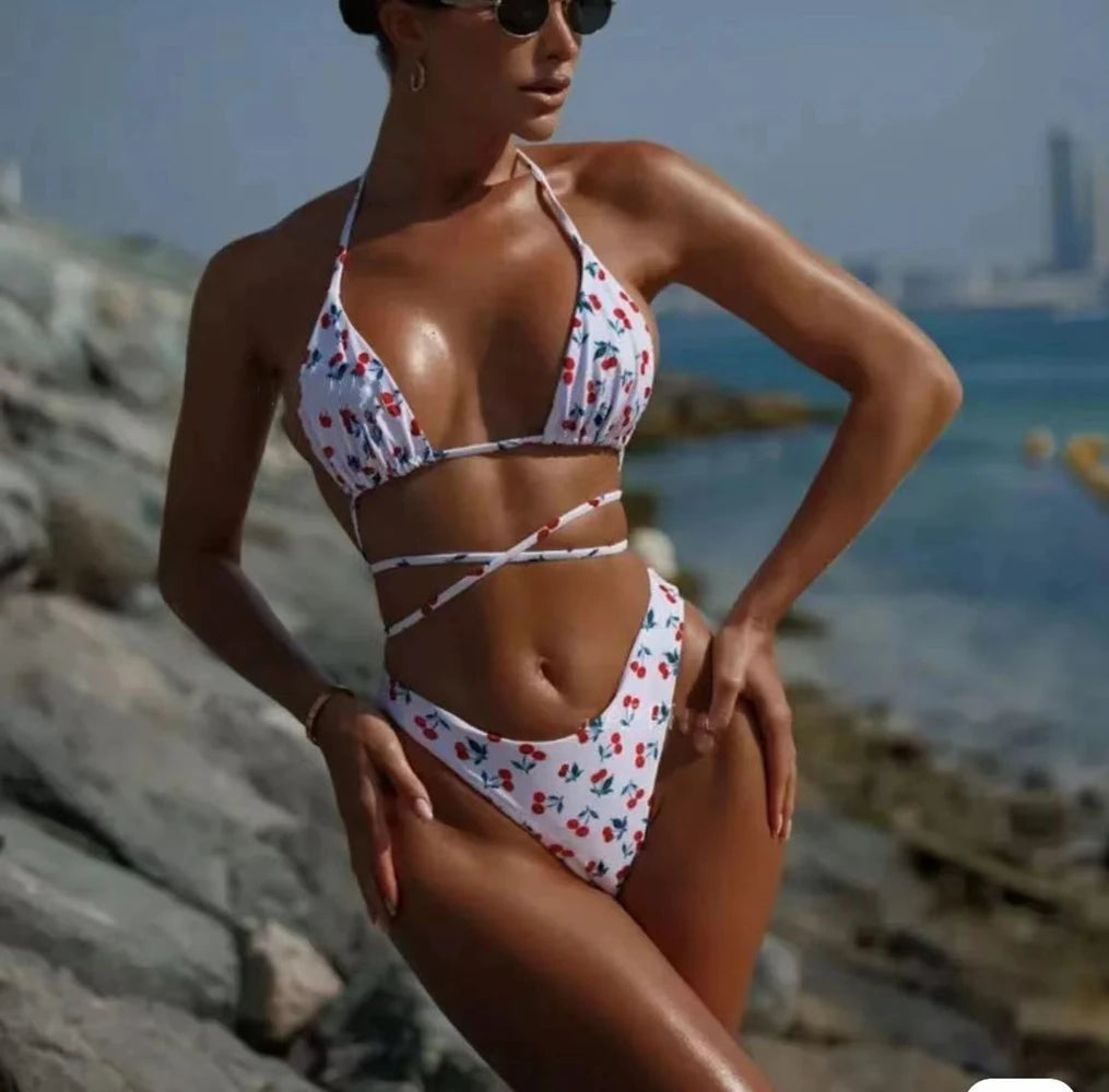 Women Halter Bikini Leopard/Cherry Print Summer Swimsuit Beach Vacation Mid Waisted Brazilian Swimwear 2025 New Bathing Suit