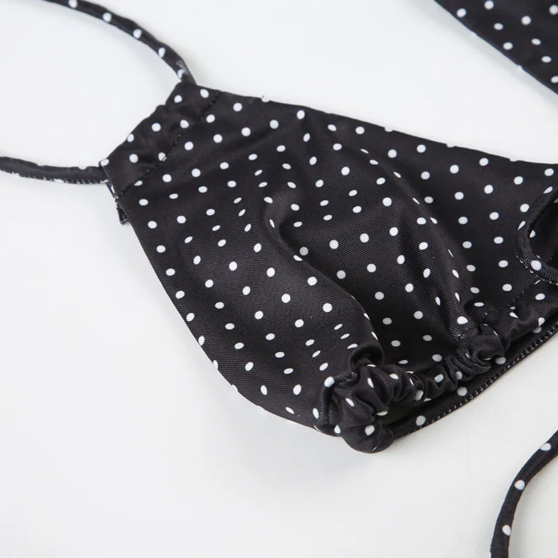 2025 Summer Vacation Beach 2 Piece Set Women Sexy Polka Dots Print Lace Up Halter Bra + Ruffles Micro Mini Skirts Swimsuit