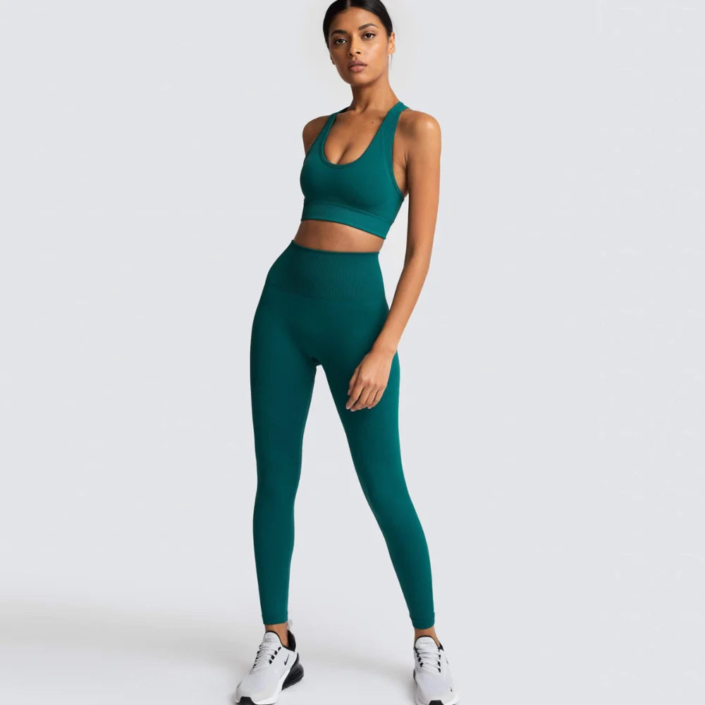 Women's Seamless Yoga Set Fitness Crop Top & Tummy Control High Waist Leggings with Built-in Bra Workout