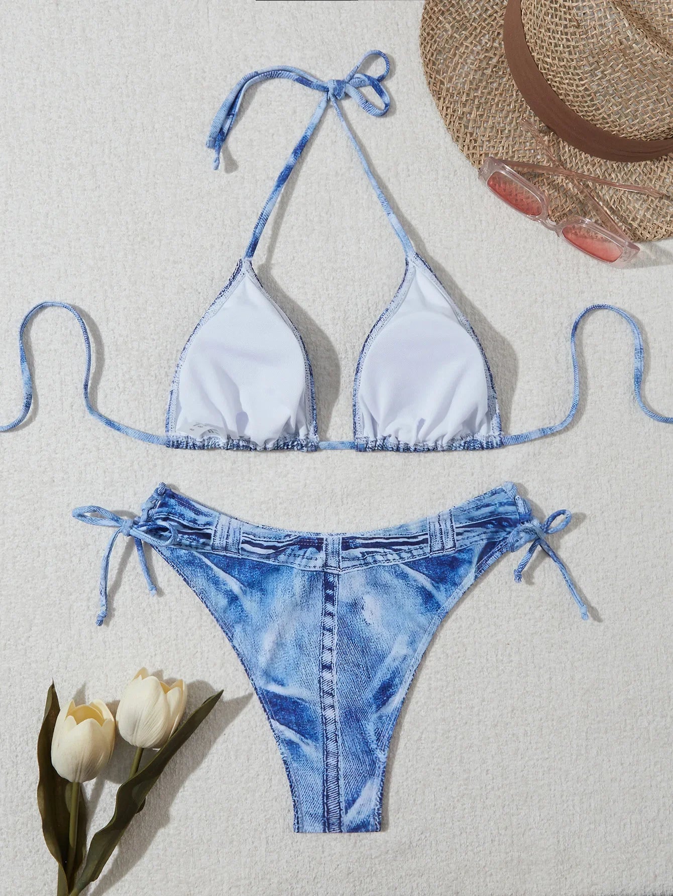 Sexy High Waist Triangle Pant Bikini Set Women's Two-Piece Swimsuit Denim Print Separate Swimwear Cross-Border Clothing