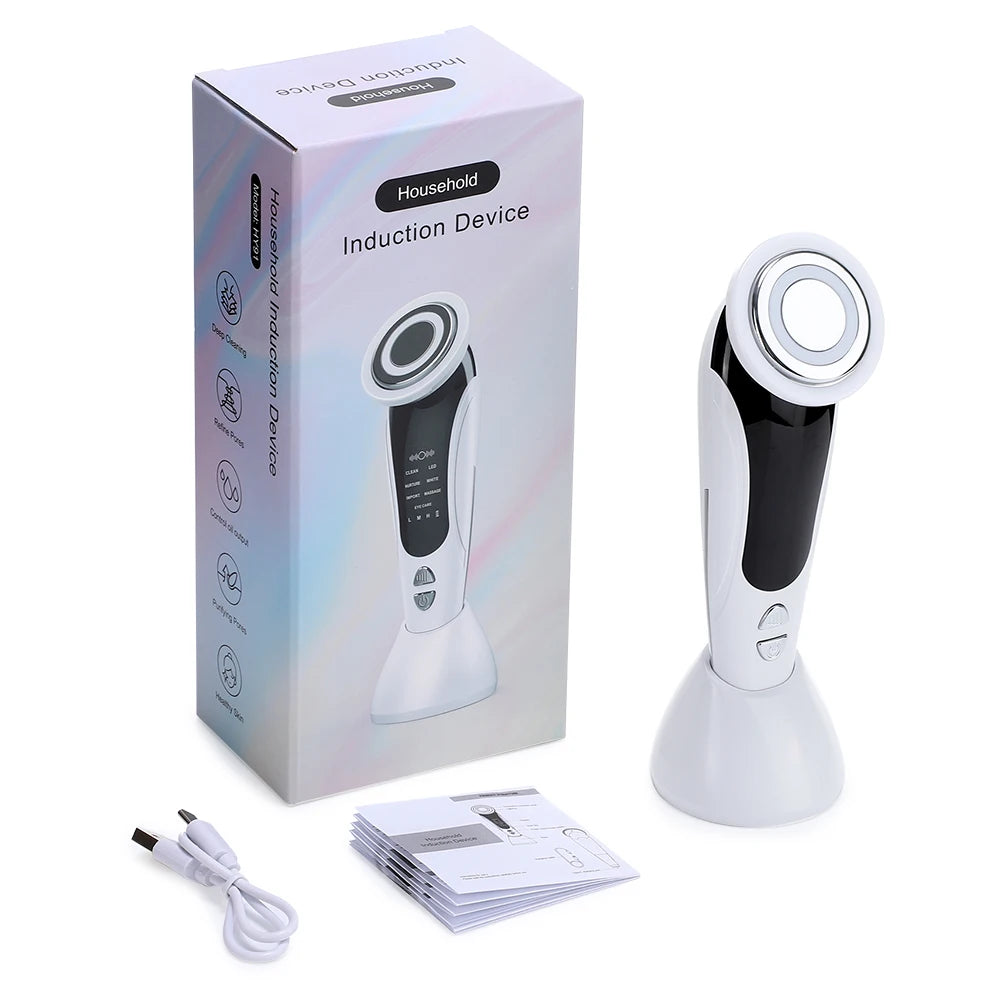 7 in 1 EMS Facial Massager Face Beauty Instrument with Induced Vibration and Hot Compress Face Skin Care Tool LED Light Therapy