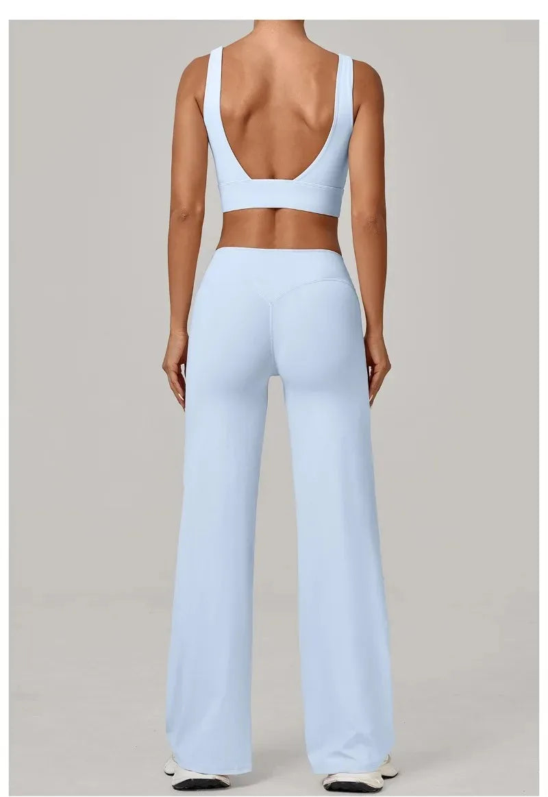 New Women Yoga Set Double Strap Bra Straight Leg Pants Quick Dry Gym Fitness Workout Clothes Outdoor Running Sports Set