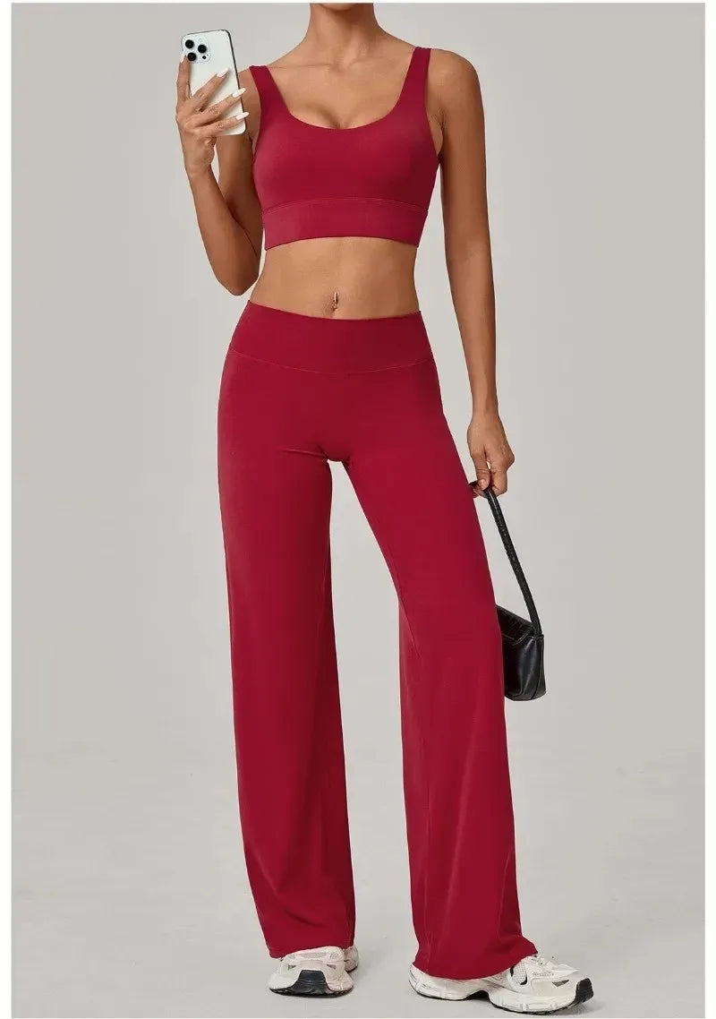 New Women Yoga Set Double Strap Bra Straight Leg Pants Quick Dry Gym Fitness Workout Clothes Outdoor Running Sports Set