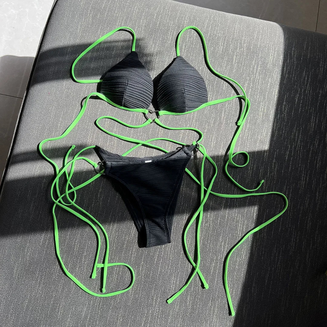New Wrap Around Halter Wrinkled Bikini Women Swimwear Female Swimsuit Two-pieces Bikini set Bather Bathing Suit Swim Lady V4081