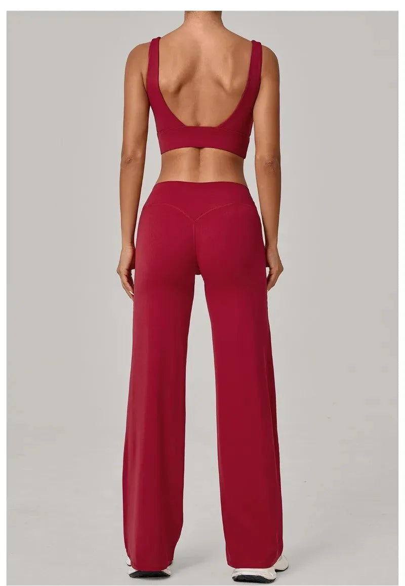 New Women Yoga Set Double Strap Bra Straight Leg Pants Quick Dry Gym Fitness Workout Clothes Outdoor Running Sports Set