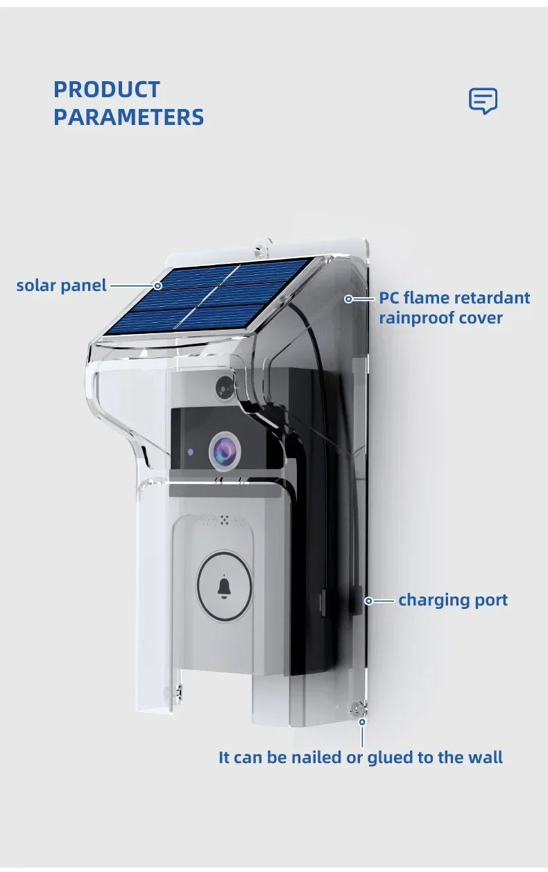 Outdoor Wireless Doorbell with Solar Cover Camera Wifi Digital Door Peepholes Waterproof Smart Home Intercom Video Eye Ring Bell