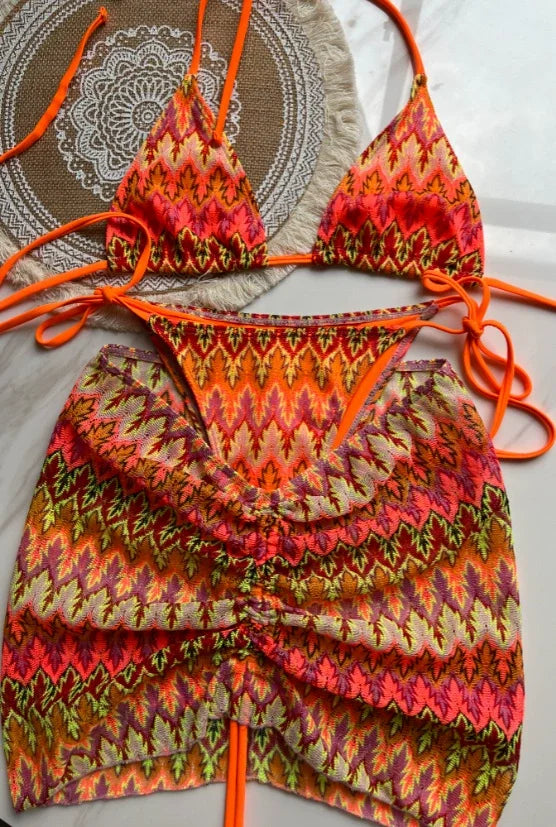 Women Swimsuit Colored Maple Leaves Knitted Bikini Skirt Three-Piece Set Split Swimsuit Bikini