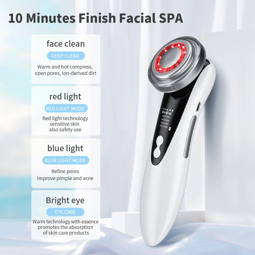 7 in 1 EMS Facial Massager Face Beauty Instrument with Induced Vibration and Hot Compress Face Skin Care Tool LED Light Therapy