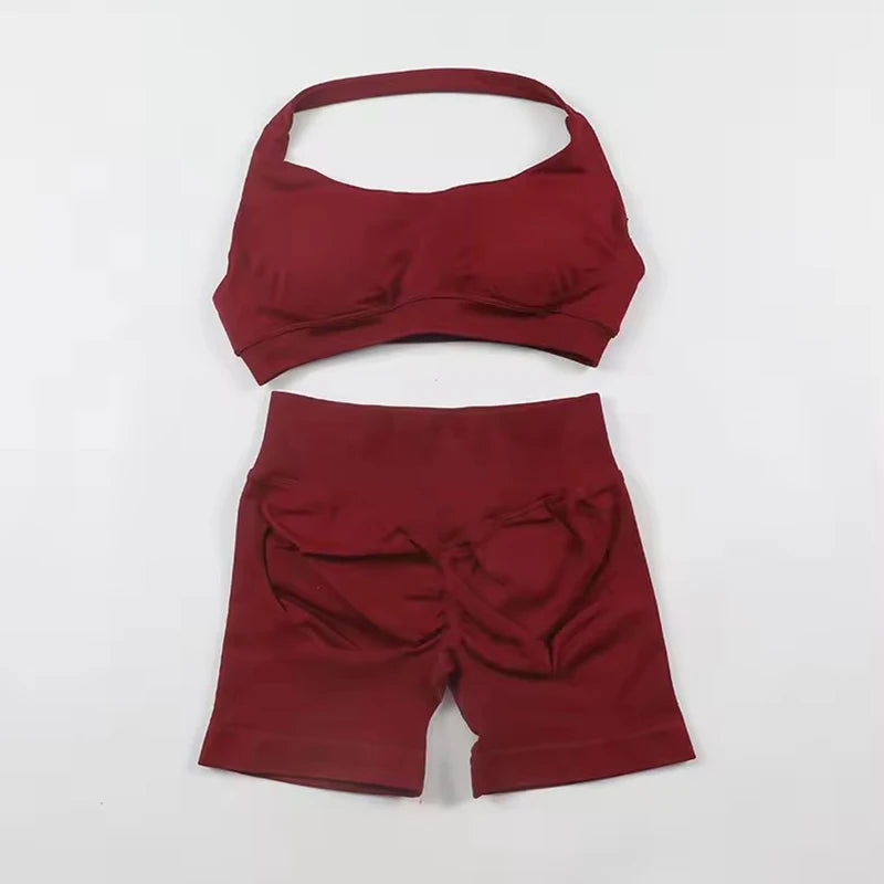 Sports Shorts Set 2 Pieces Seamless Yoga Set Workout Tracksuit Halter Yoga Top And Sports Short Suit