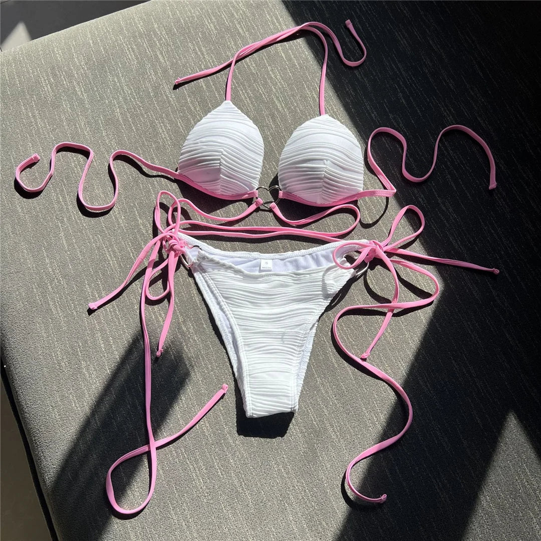 New Wrap Around Halter Wrinkled Bikini Women Swimwear Female Swimsuit Two-pieces Bikini set Bather Bathing Suit Swim Lady V4081