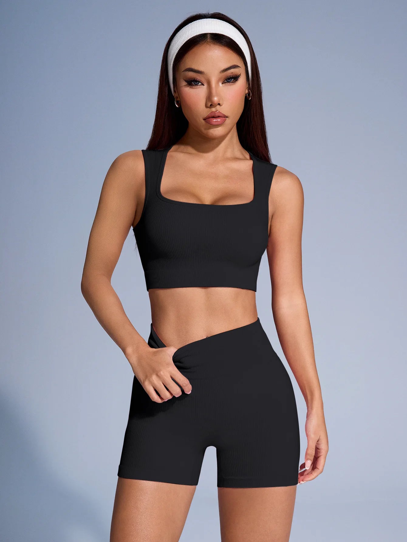 Seamless Ribbed Yoga Sets Workout Sets for Women 2 Pieces Gym Suits Ribbed Crop Tank High Waist Shorts Outfits Fitness