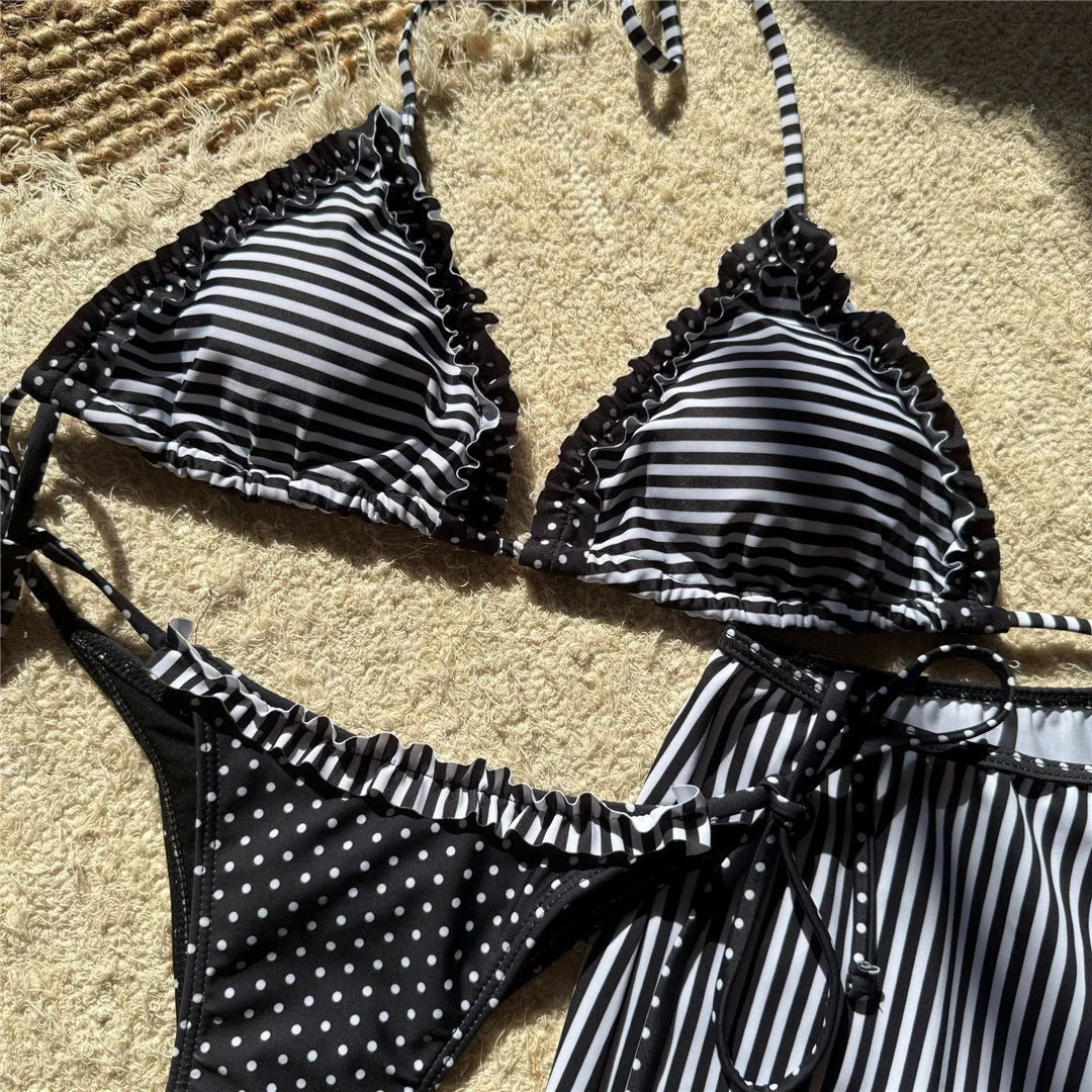 New Striped Polka Dot Halter Shorts Bikini Female Swimsuit Women Swimwear Three-pieces Bikini set Bather Bathing Suit Swim V6384