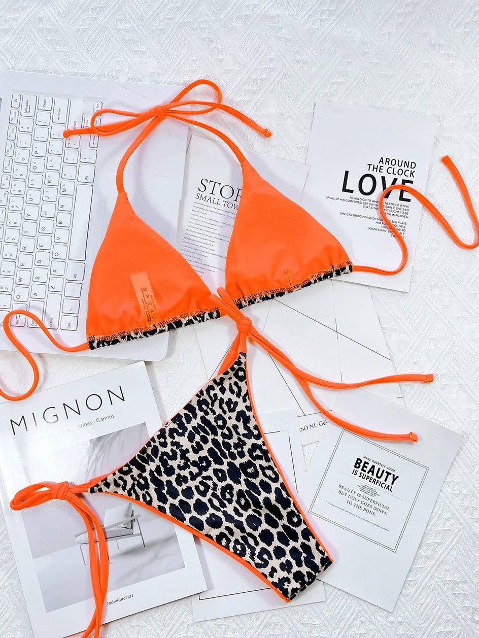 Sexy Leopard Micro Bikini 2023 Women Swimsuit Female Swimwear Thong Bikinis Set Brazilian Halter Beach Wear Lace Up Bathing Suit