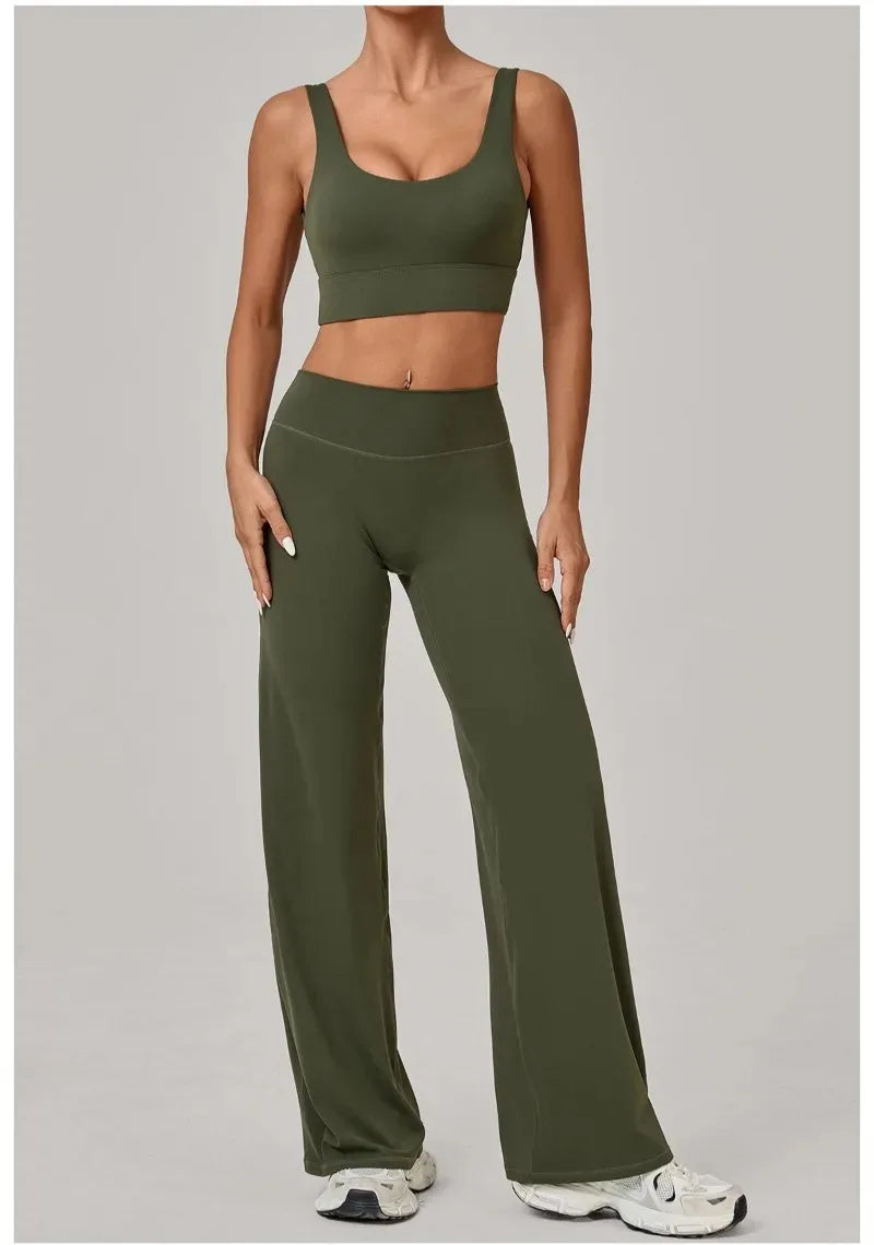 New Women Yoga Set Double Strap Bra Straight Leg Pants Quick Dry Gym Fitness Workout Clothes Outdoor Running Sports Set