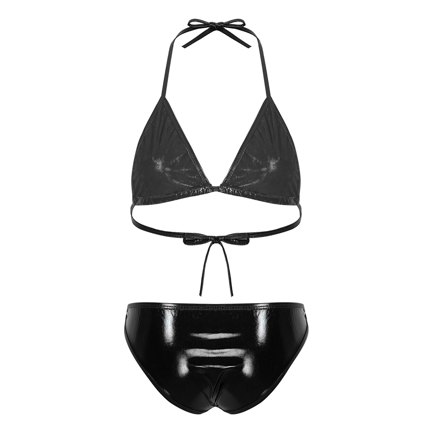 Womens Metallic Shiny Bikini Swimwear Pool Party Swimming Bathing Suit Halter Lace-up Bra with O Ring Briefs Bikini Swimsuit