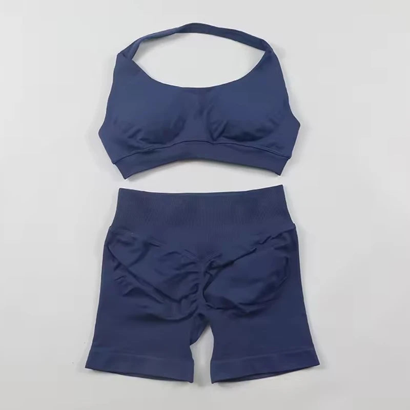 Sports Shorts Set 2 Pieces Seamless Yoga Set Workout Tracksuit Halter Yoga Top And Sports Short Suit