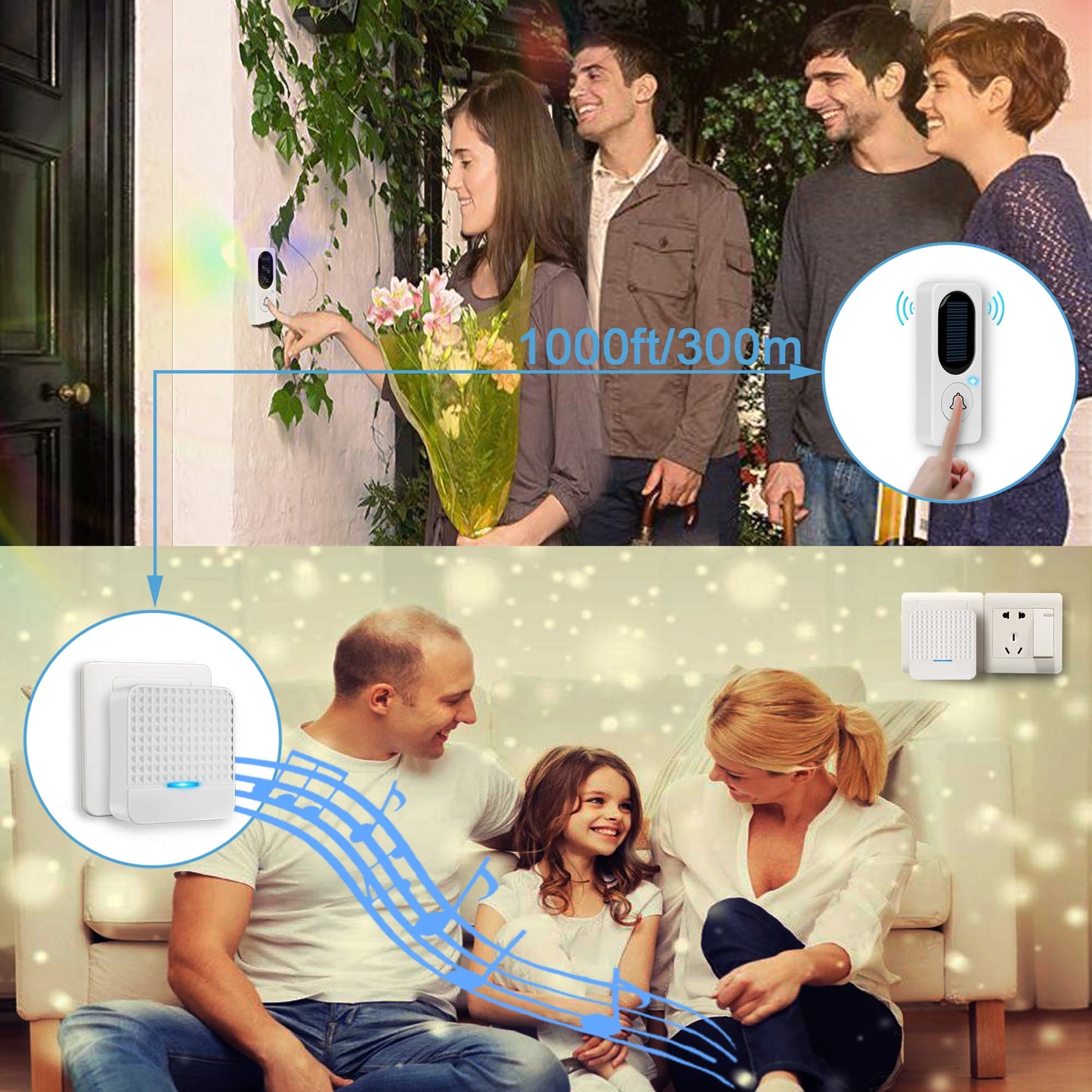 Solar Powered Doorbell, Operating at Over 1000 Feet with 52 Melodies, 4 Volume Levels & Flash Waterproof Door Chime Kit