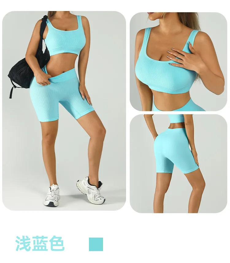 Women Seamless Yoga Set High Waist Biker Shorts Sports Bra Workout Outfit Summer