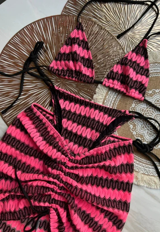 Women Swimsuit Colored Maple Leaves Knitted Bikini Skirt Three-Piece Set Split Swimsuit Bikini