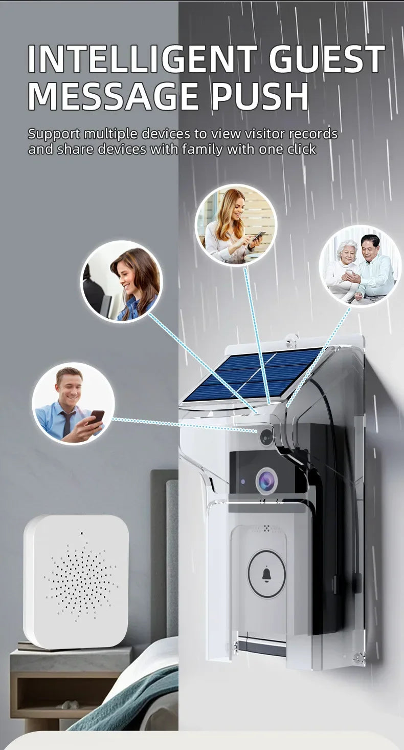 Outdoor Wireless Doorbell with Solar Cover Camera Wifi Digital Door Peepholes Waterproof Smart Home Intercom Video Eye Ring Bell