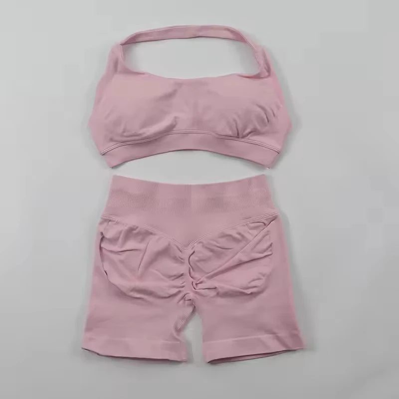 Sports Shorts Set 2 Pieces Seamless Yoga Set Workout Tracksuit Halter Yoga Top And Sports Short Suit