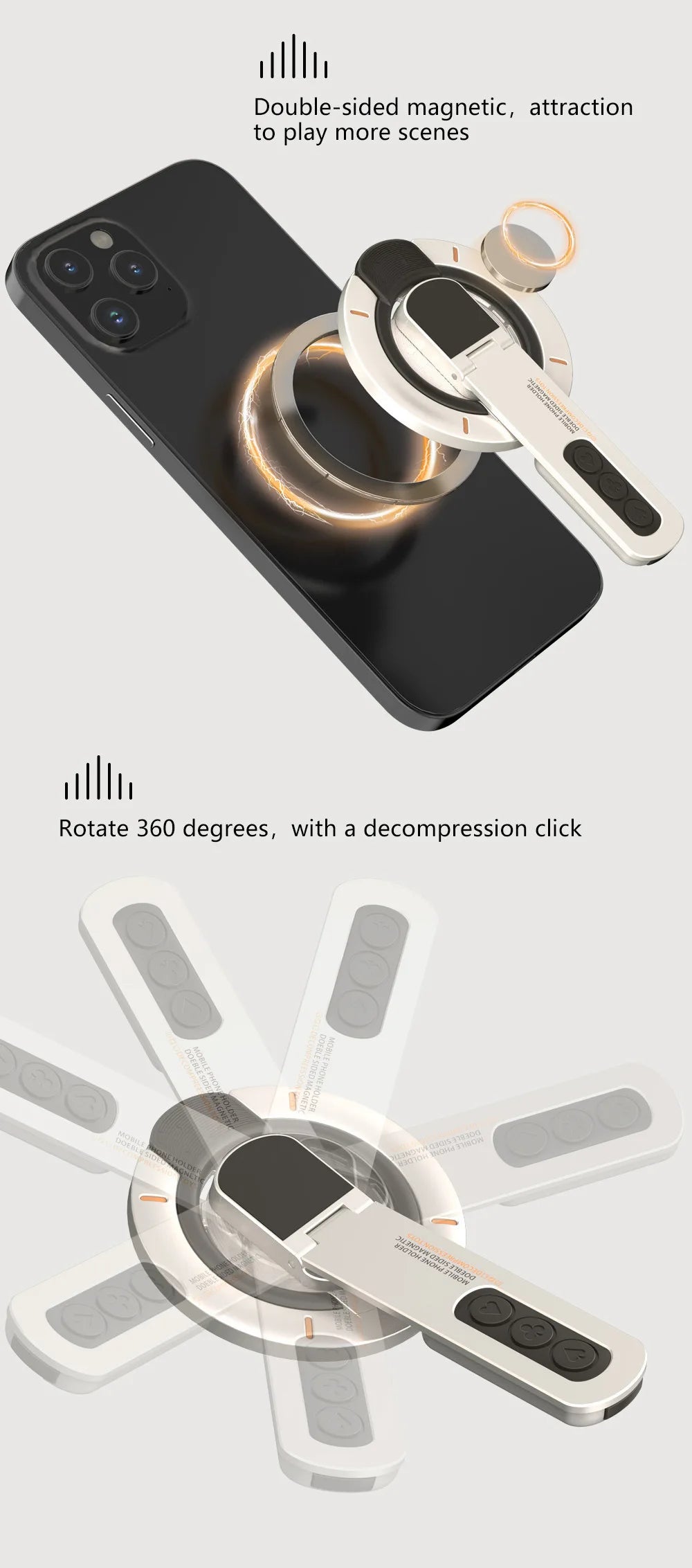 3-in-1 Magnetic Finger Ring Holder Rotate Double-Sided Magnetic Phone Stand for iPhone 17 16 15 14 13 12 MagSafe