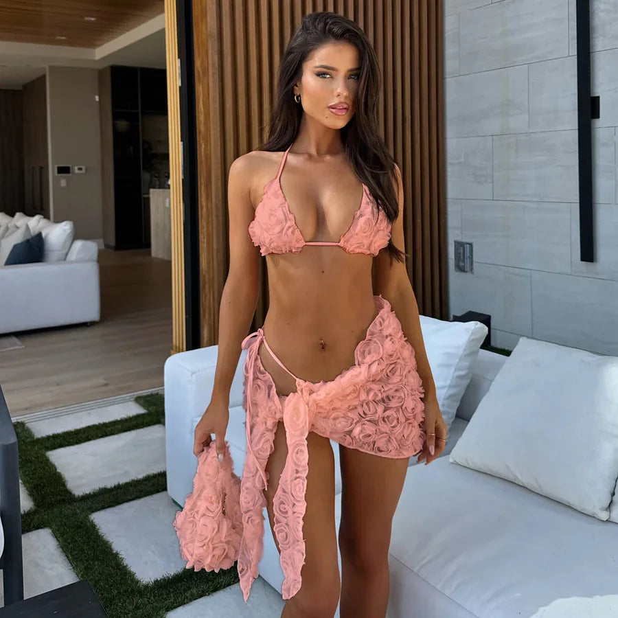 Women's Sexy 3 Piece Bikini Set 3D Flower Beach Skirt Swimsuit Pure Pink Triangle Halter Backless Thong Swimwear 2025 Summer New