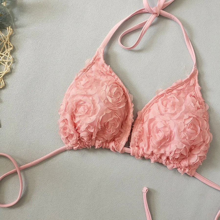 Women's Sexy 3 Piece Bikini Set 3D Flower Beach Skirt Swimsuit Pure Pink Triangle Halter Backless Thong Swimwear 2025 Summer New