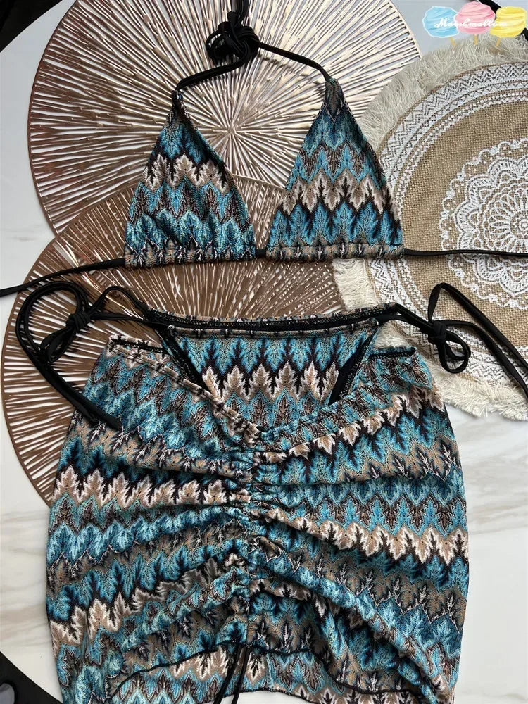Women Swimsuit Colored Maple Leaves Knitted Bikini Skirt Three-Piece Set Split Swimsuit Bikini