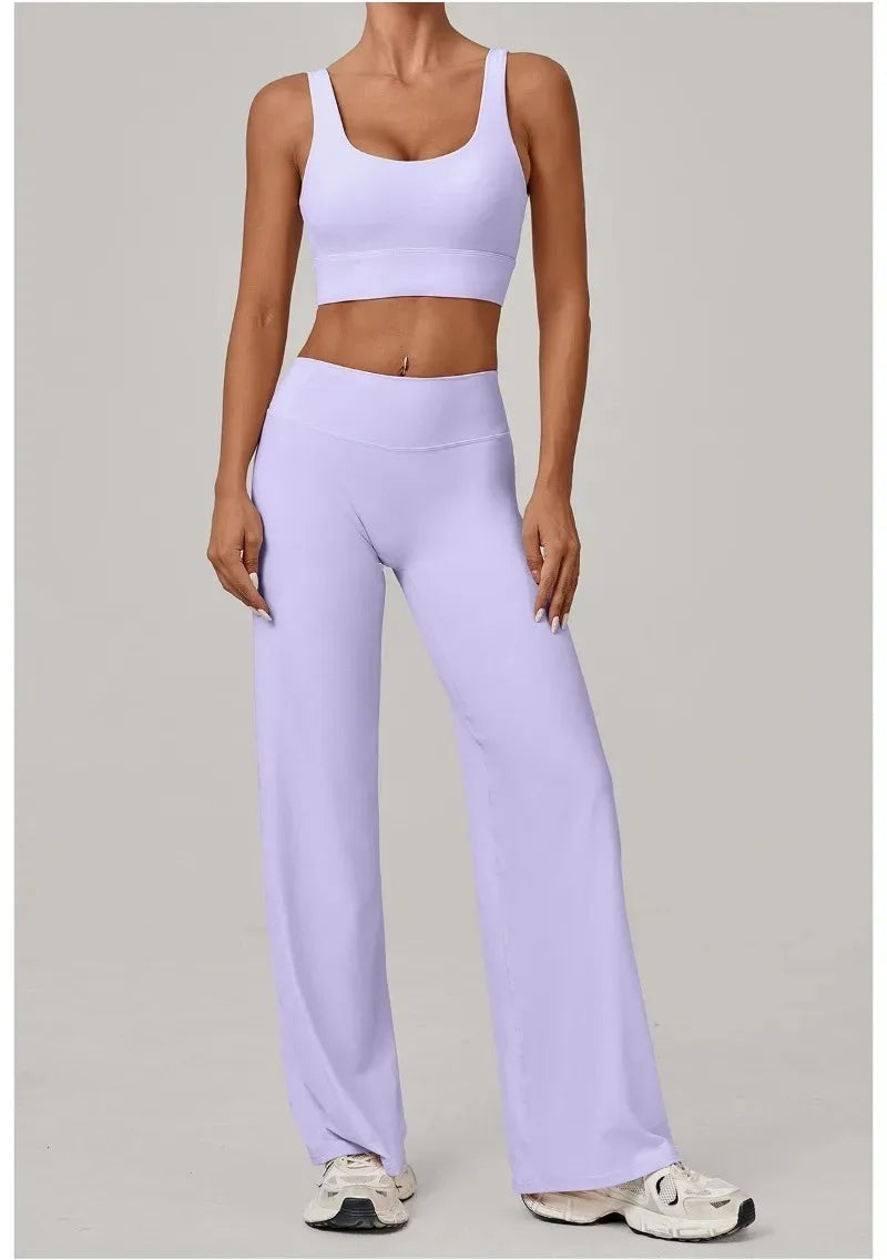 New Women Yoga Set Double Strap Bra Straight Leg Pants Quick Dry Gym Fitness Workout Clothes Outdoor Running Sports Set