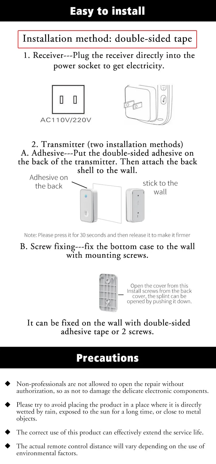 Self-Powered Wireless Doorbell – Waterproof Design, No Battery Needed, 150M Range, Smart Home Compatible
