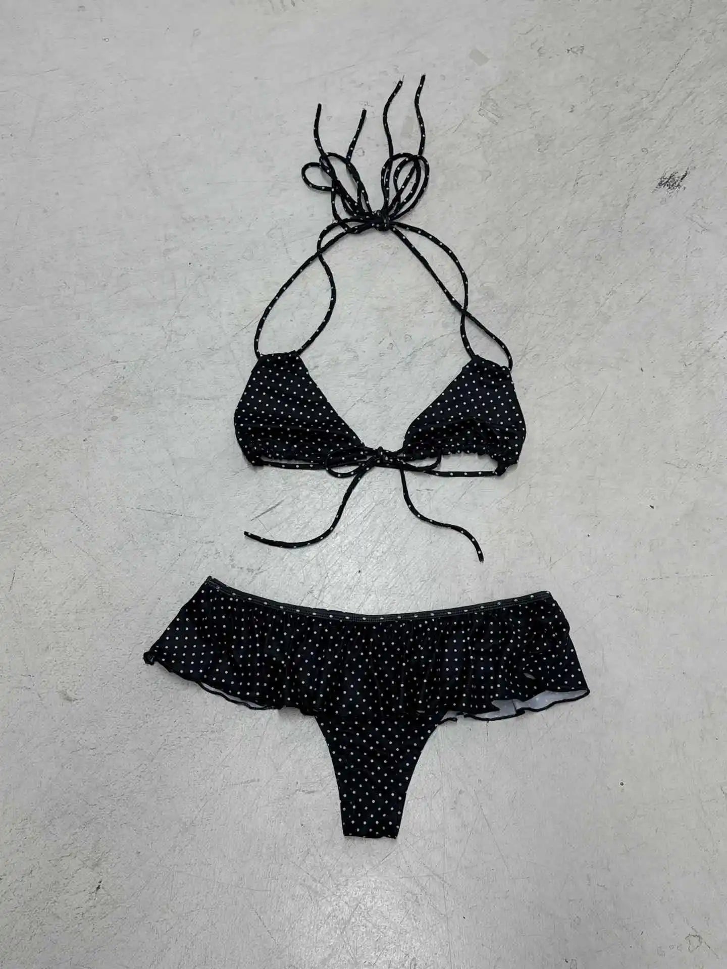 2025 Summer Vacation Beach 2 Piece Set Women Sexy Polka Dots Print Lace Up Halter Bra + Ruffles Micro Mini Skirts Swimsuit