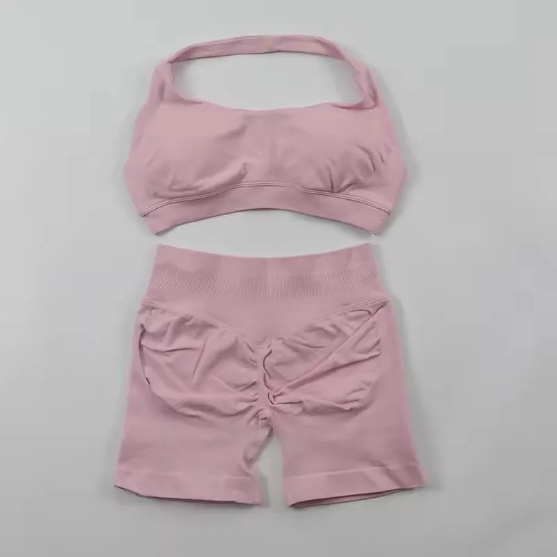 Sports Shorts Set 2 Pieces Seamless Yoga Set Workout Tracksuit Halter Yoga Top And Sports Short Suit