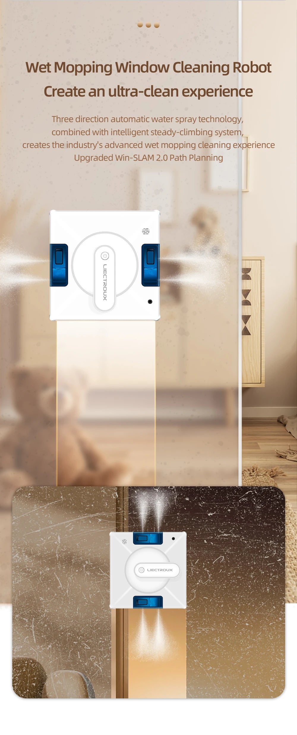 Robot Window Cleaner LIECTROUX YW509,4-Way Water Spray,Home Wall Glass Window Robot Vacuum Cleaner,Updated Laser,Smart Memory