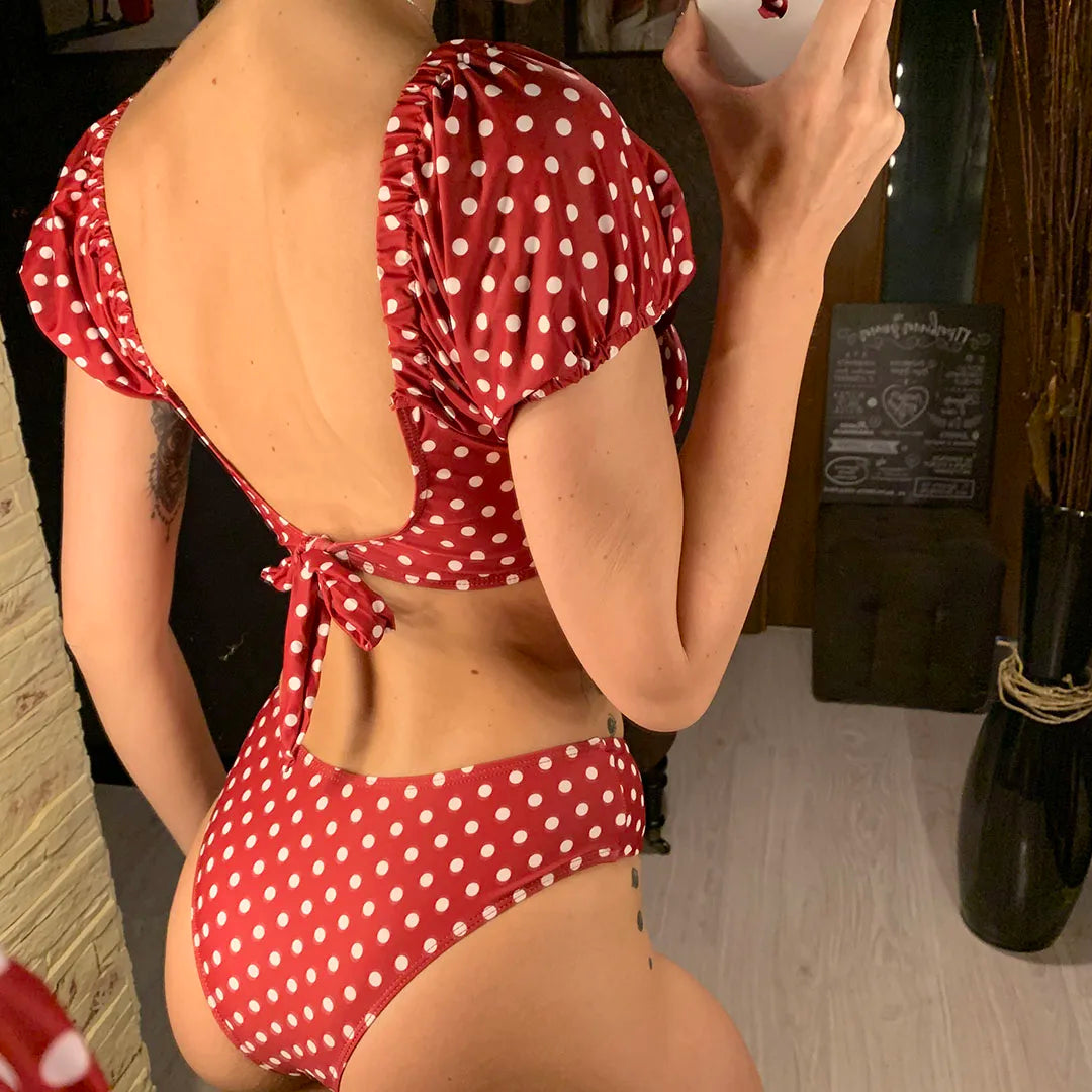 NEW Sexy Polka Dots V Neck Mid Waist Bikini Female Swimsuit Women Swimwear Two-pieces Bikini set Bather Bathing Suit Swim V1909